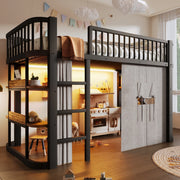 Letto a soppalco per bambini 90x200 cm con tende oscuranti; spazio inferiore modulabile; mensole e LED; metallo nero