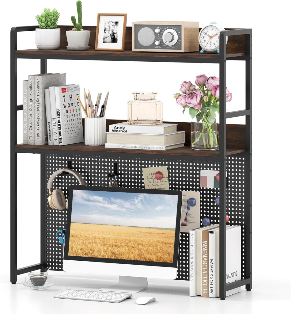 Libreria da Scrivania a 2 Livelli, Scaffale da Tavolo Industriale per Monitor di Computer Fino a 32", Organizzatore di Stoccaggio con Pegboard, per Dormitorio Ufficio e Casa, 94x27x103 cm