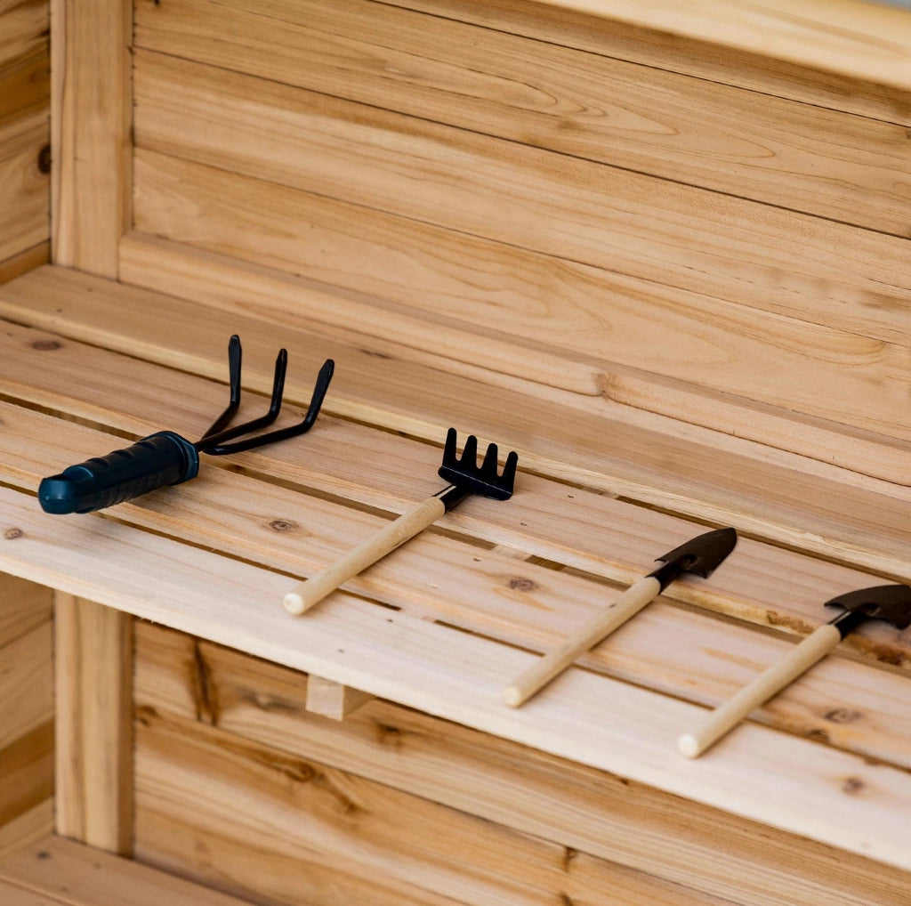 Armadio da giardino in legno con piano da lavoro e 2 vani