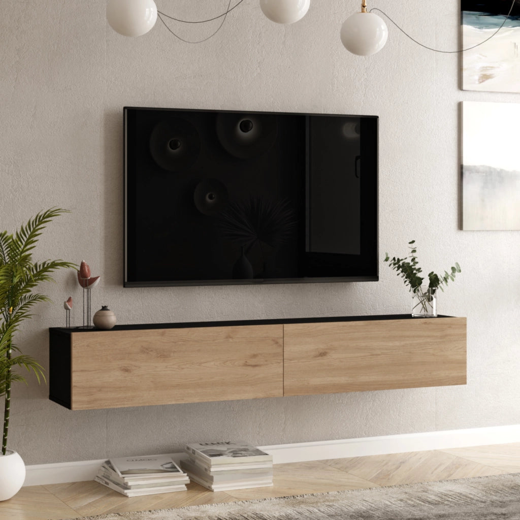 Mobile Porta TV Lapinlahti con 2 Ante a Ribalta Consolle da Parete 180 cm Nero / Effetto Rovere [en.casa]