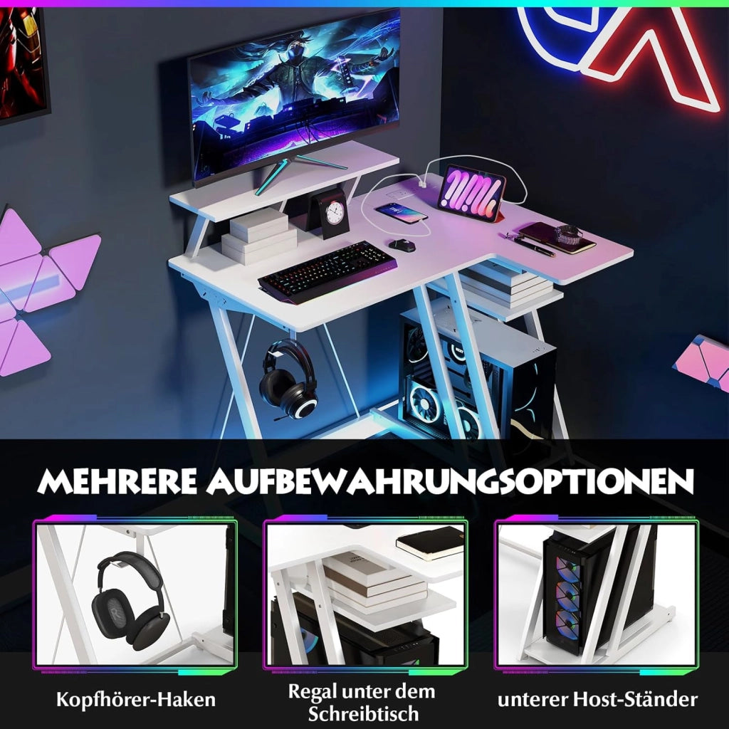 Scrivania per computer con base di ricarica integrata, scrivania per gaming con telaio in metallo e ripiano per monitor, scrivania per PC con supporto per CPU e gancio per cuffie dal look
