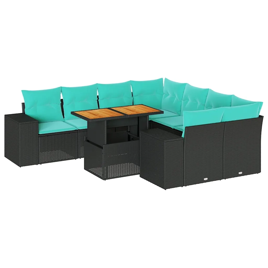 Set Divani da Giardino 9 pz con Cuscini Nero in Polyrattan