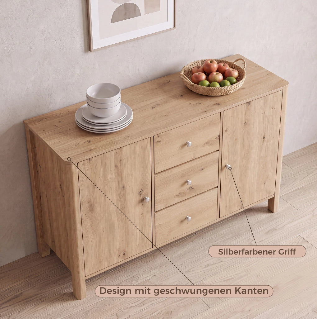 Credenza moderna 120x40x80 cm con 3 cassetti e 2 ante; rovere; pannello truciolare