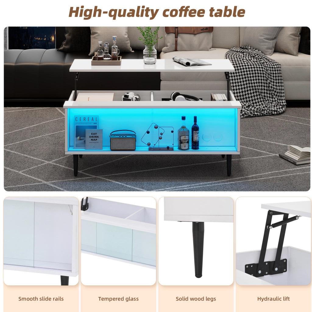 Tavolino da caffè sollevabile 105x50 cm con LED e vetro