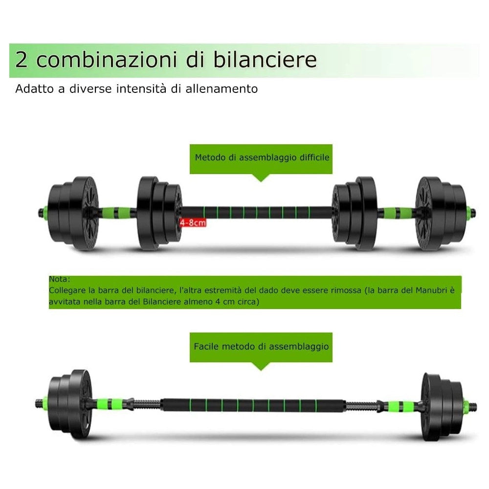 Trade Shop - Kit 2in1 Bilanciere + Manubri Con Pesi Regolabili Componibili Tot 40 Kg Palestra -
