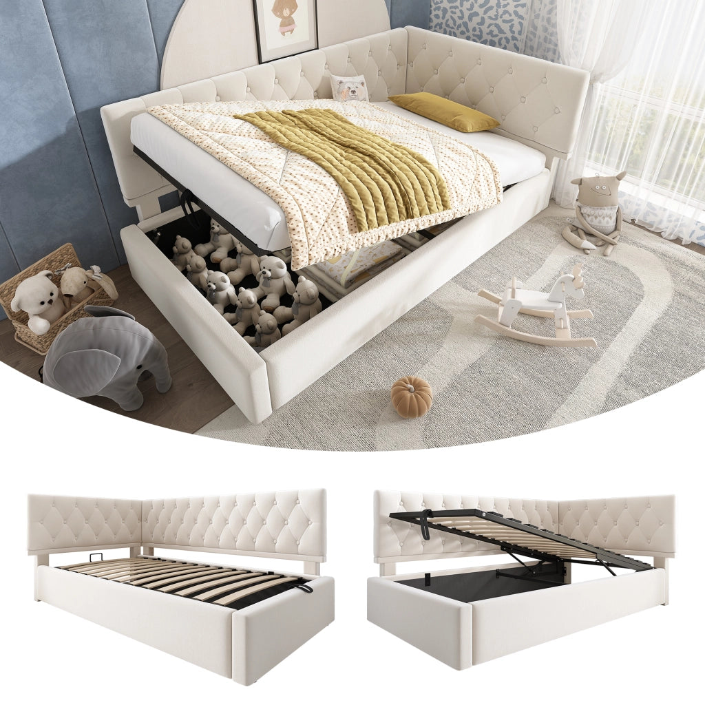 Letto giorno 90x190 cm in velluto beige con contenitore idraulico, struttura in metallo e rete a doghe, senza materasso