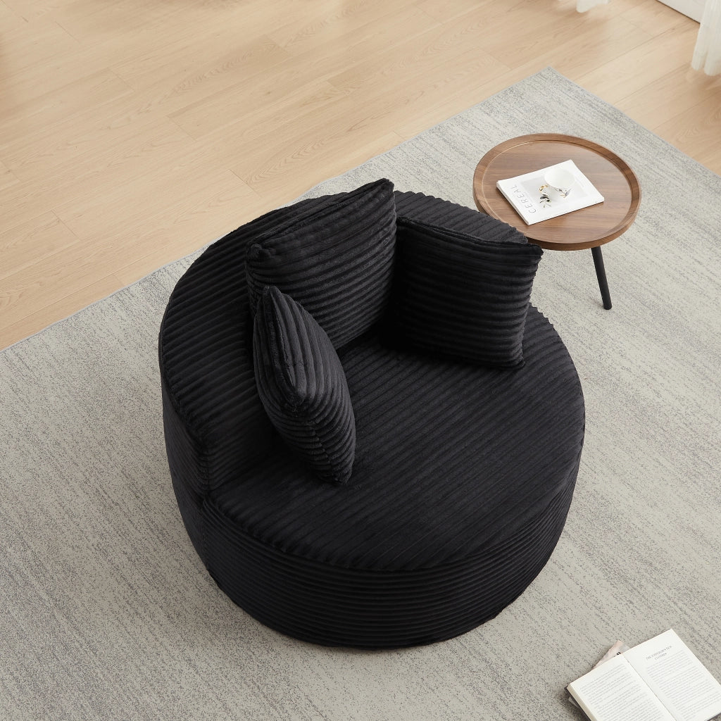 Fauteuil lounge rotondo con braccioli larghi e 3 cuscini, in velluto a coste e schiuma con molle nero 110 cm