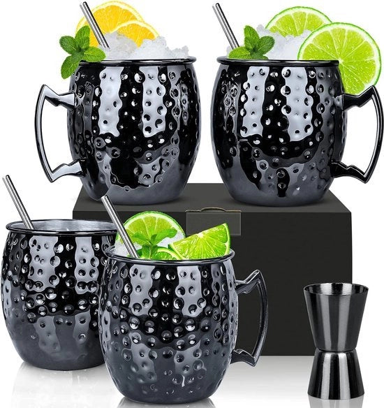 Set di 4 tazze per Moscow Mule - Incluso 1/5 oz doppio Jigger, tazza in acciaio inox verniciata a specchio da 18 oz, ideale per bevande fredde (4 pezzi neri)
