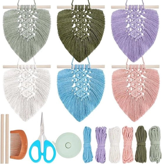 Kit di Macramé per Principianti con Disegno Foglia - Tenda di Rete da Appendere - Corda per Appendere - 6 Colori - Kit di Macramé per Adulti - Regalo di Compleanno