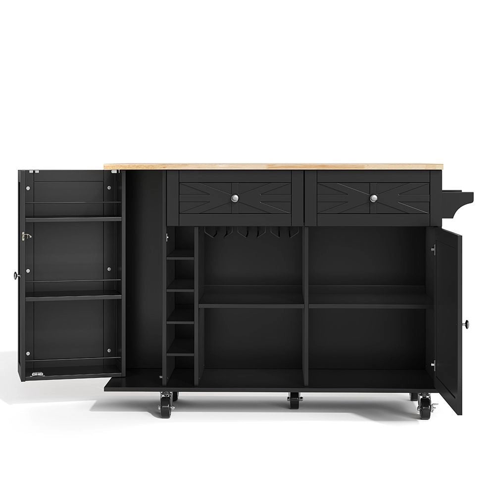 Isola da cucina con piano ribaltabile - Xylo - 5 ruote bloccabili, scaffale porta, porta bottiglie e bicchieri, nero, 120x45(70)x89 cm
