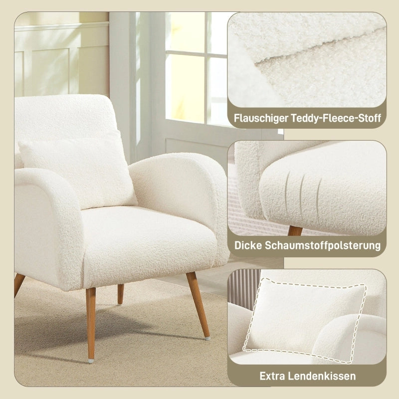 Poltrona in pile con cuscino lombare e gambe in metallo effetto legno schienale largo da lettura bianco crema