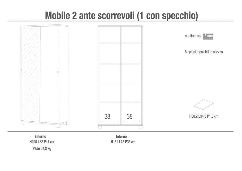 Armadio 2 Ante Scorrevoli con Specchio 82x190x41 cm Olmo Chiaro