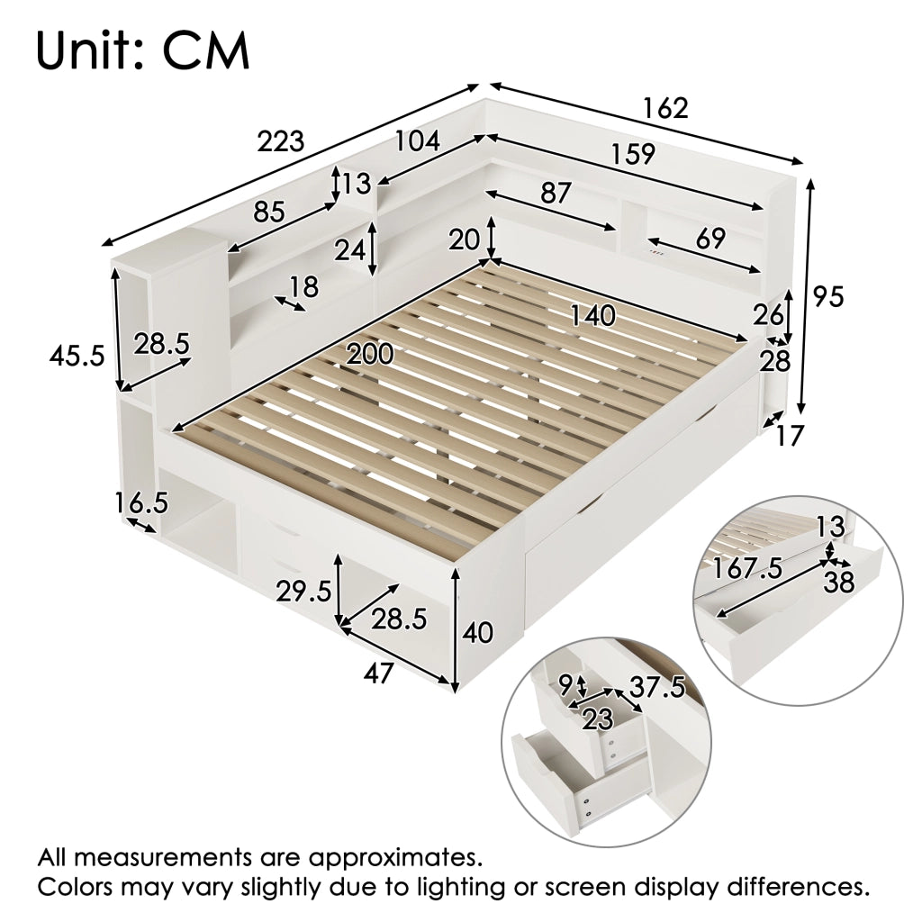 DESMIU Letto banquette 140 × 200 cm 2 posti con USB, Type-C, LED e contenitori, con materasso, bianco