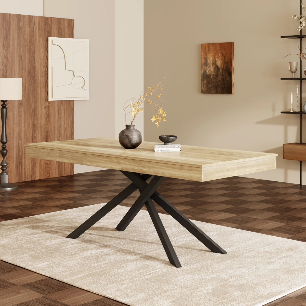 Tavolo da pranzo allungabile per 6-8 persone con piano spesso e gambe incrociate per cucina e soggiorno in MDF rovere