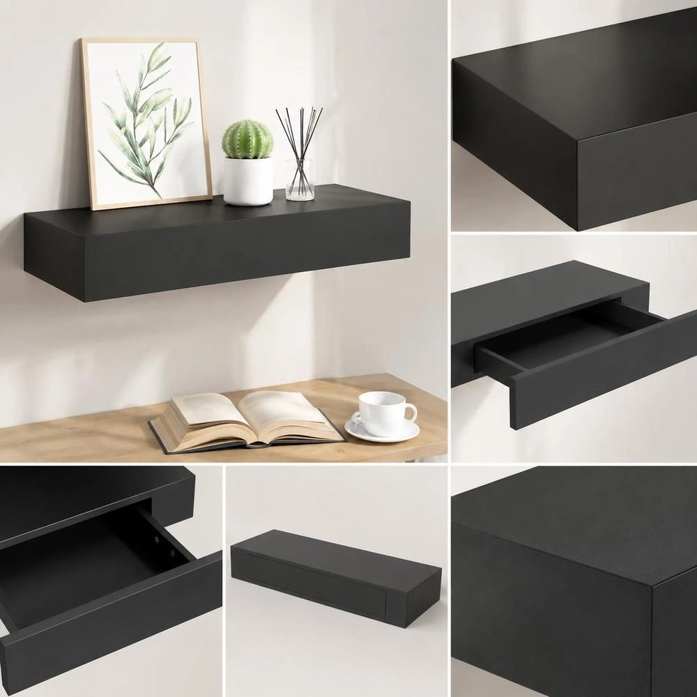 Floating Shelf With Drawer, Black, 48x25x8 Cm