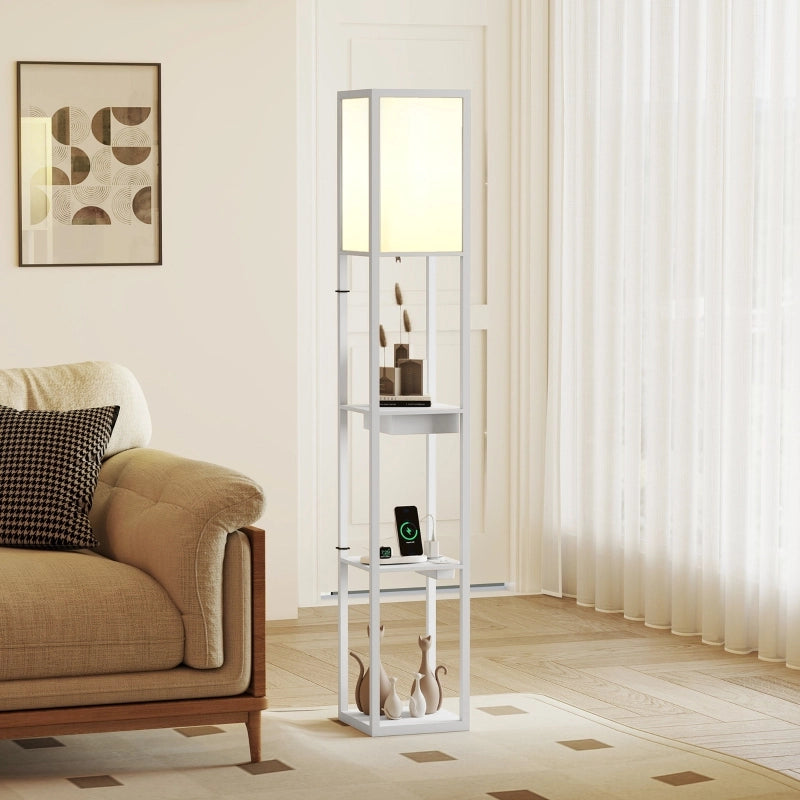 Lampada da terra con ripiano a 3 livelli, interruttore a pedale, porte USB, MDF, bianca