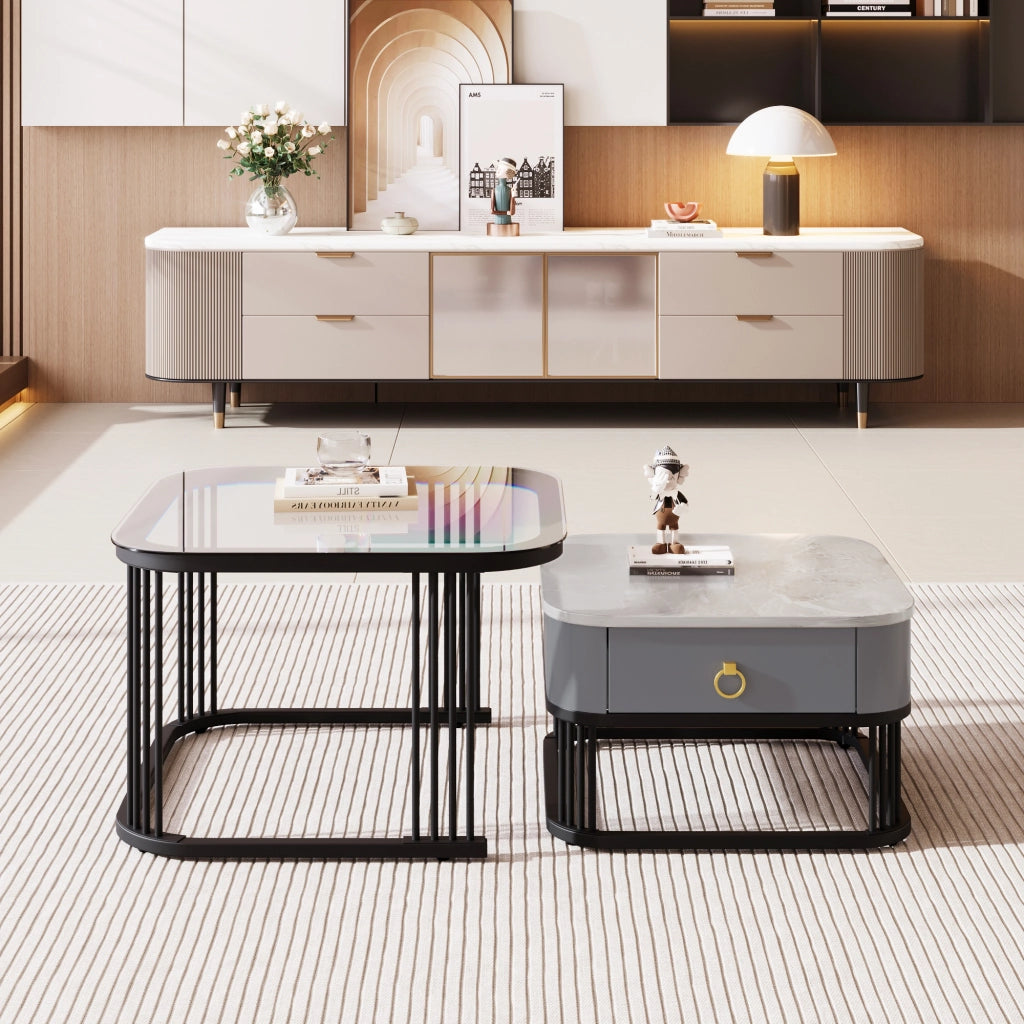 Tavolini da Caffè Impilabili 2 Pezzi con 1 Cassetto; Piano in Vetro e Effetto Marmo; Struttura in Metallo; in MDF; Nero; 60×60×42 cm