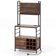 Scaffale da cucina da 170 cm con presa elettrica, Mobile per bar del caff¨¨ con ganci a S e supporti per bottiglie di vino  Rustico-Portabottiglie