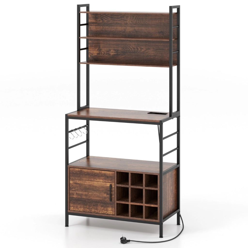 Scaffale da cucina da 170 cm con presa elettrica, Mobile per bar del caff¨¨ con ganci a S e supporti per bottiglie di vino  Rustico-Portabottiglie