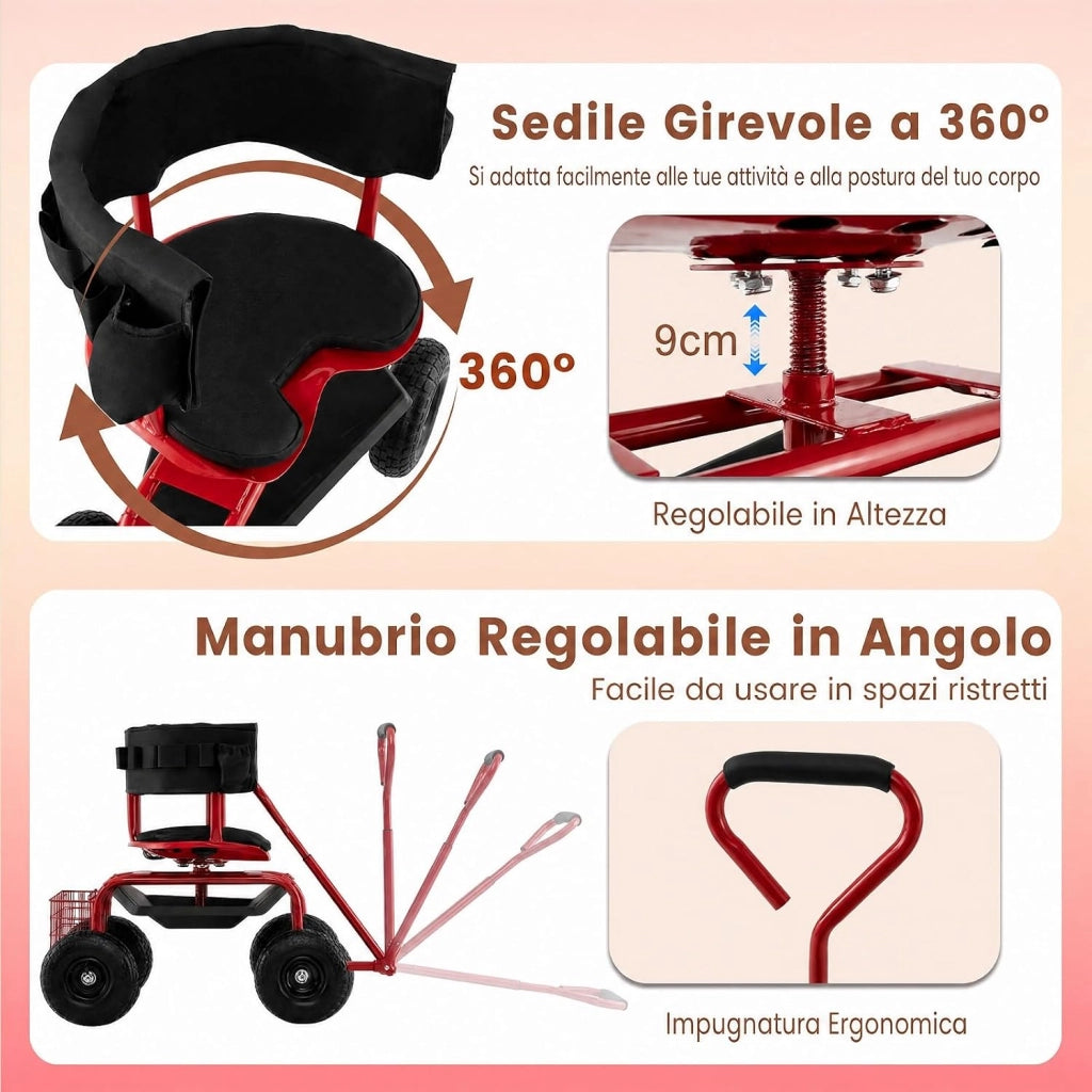 Carrello da Giardino, Sgabello con Ruote Girevole a 360°, Cuscino Imbottito, Schienale, Cestino, Tasca e Vassoio Porta Attrezzi, Carriola da Giardino e Cortile, 96 x 46 x 78-87 cm (Rosso)
