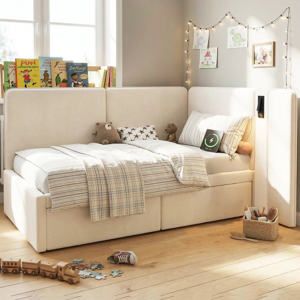 Letto giorno con cassettoni in velluto beige 90x200 cm