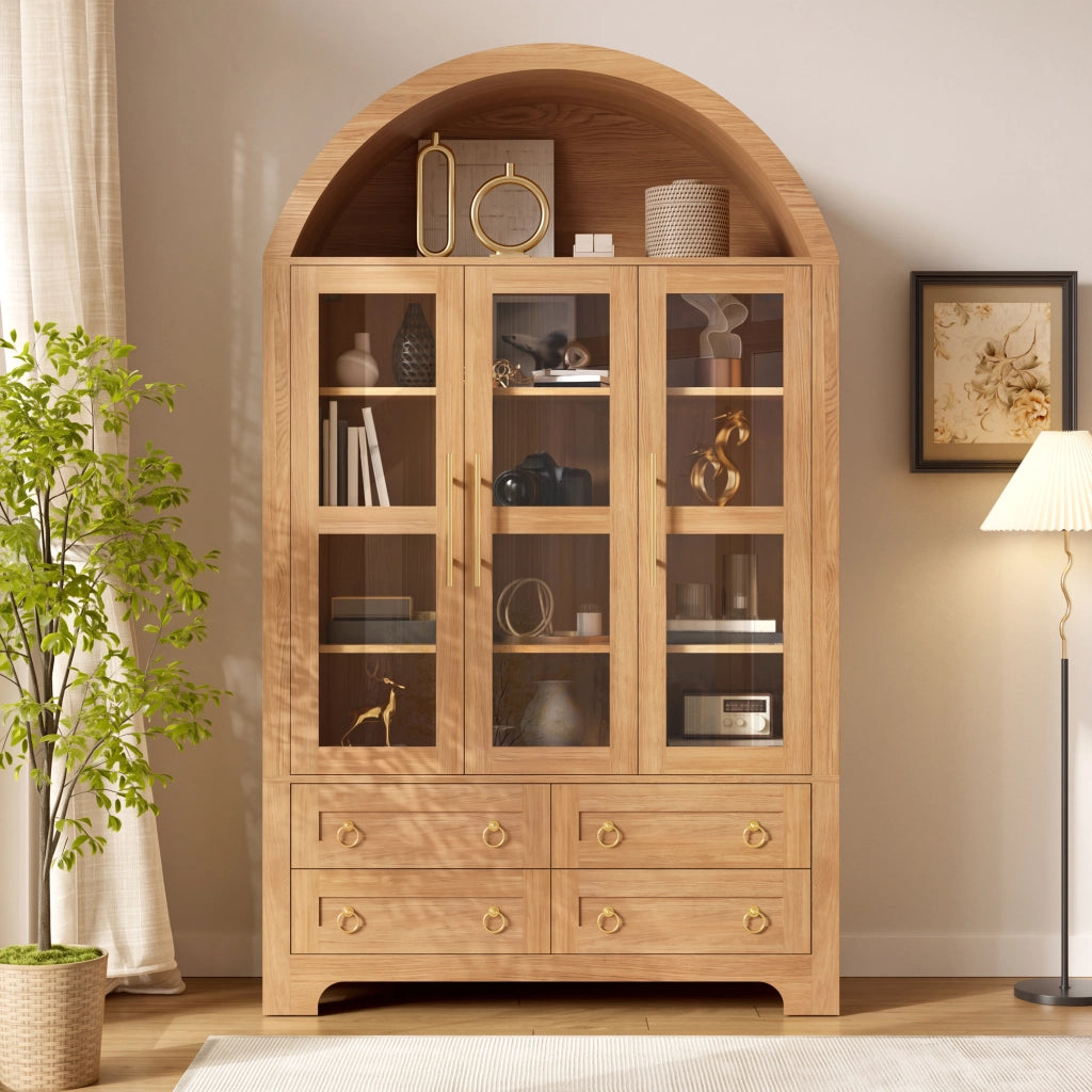 Credenza con 3 ante in vetro; 4 cassetti; vano aperto ad arco e maniglie in alluminio naturale 110 × 40 × 185 cm