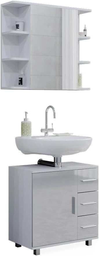 Set mobili bagno Ilias, Bianco lucido, 60 cm, composto da specchio da bagno e mobile sottolavabo