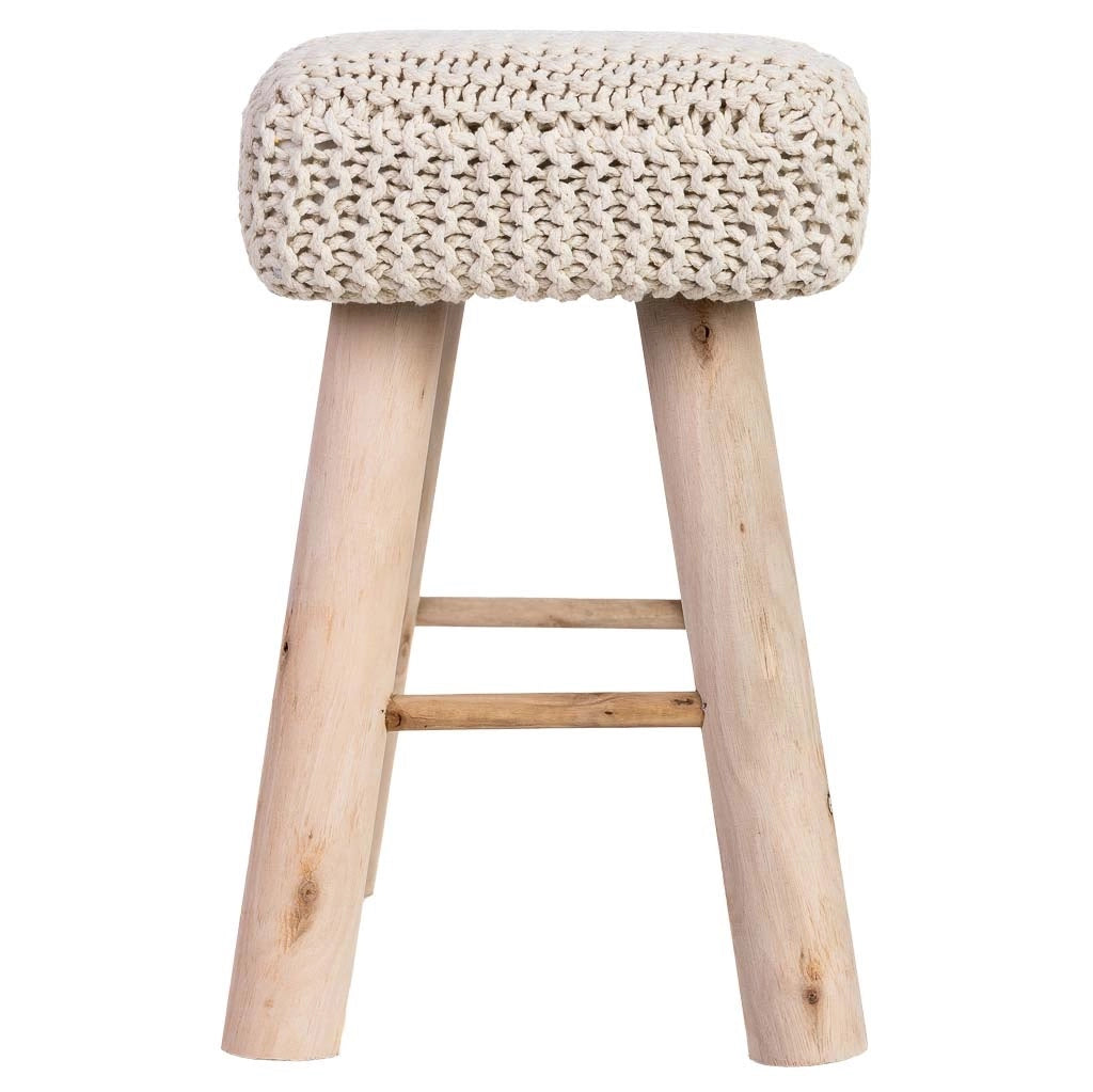Sgabello in cotone intrecciato e legno bianco 26x39x44h cm