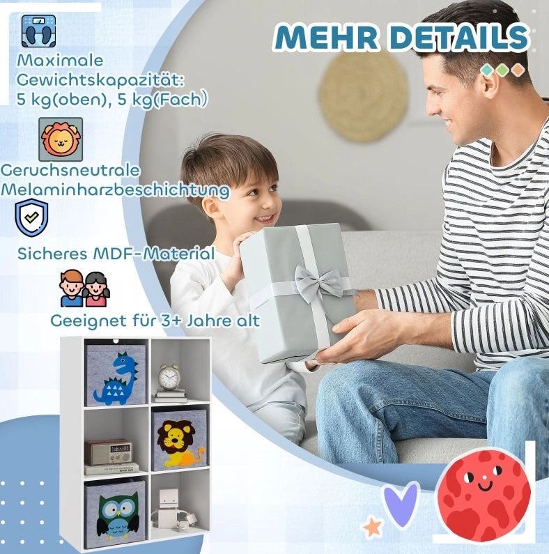 Scaffale per bambini con 6 scomparti e 3 cassetti, grigio
