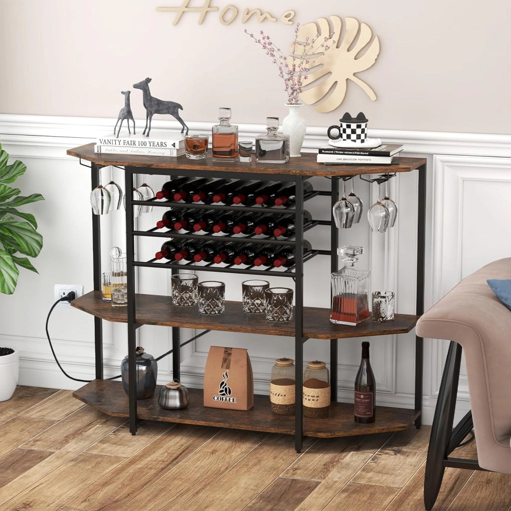 Credenza con portabottiglie per 21 bottiglie, tavolino da cucina sottile con 2 porte USB e 2 prese, portabottiglie a 3 livelli con supporto in vetro, tavolo industriale per vino, 120 x 40 x 92