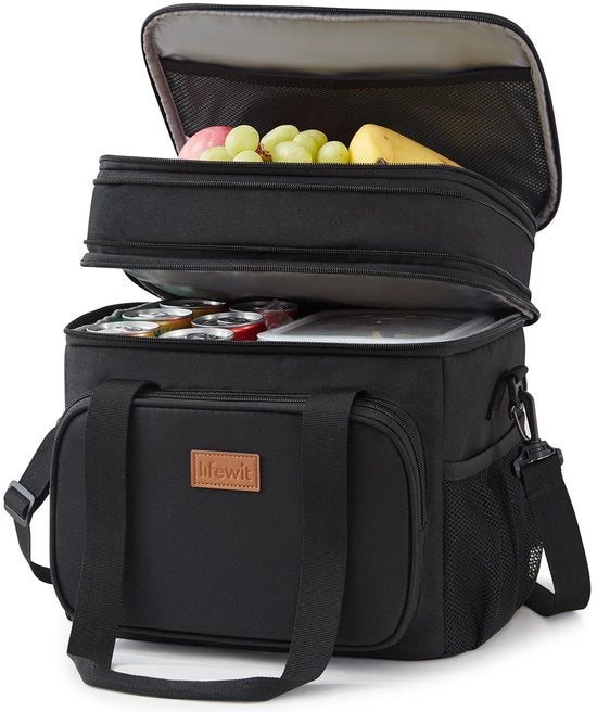 Borsa pranzo per uomo e donna, borsa pranzo a doppia tasca, grande borsa isolata morbida per il cibo, impermeabile con cinturino a spalla, per adulti per lavoro/voli/travel, 21L/30 bottiglie, nero