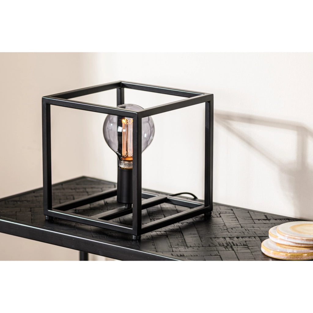 Lampada da tavolo T340 nera a cubo in metallo, 23 cm