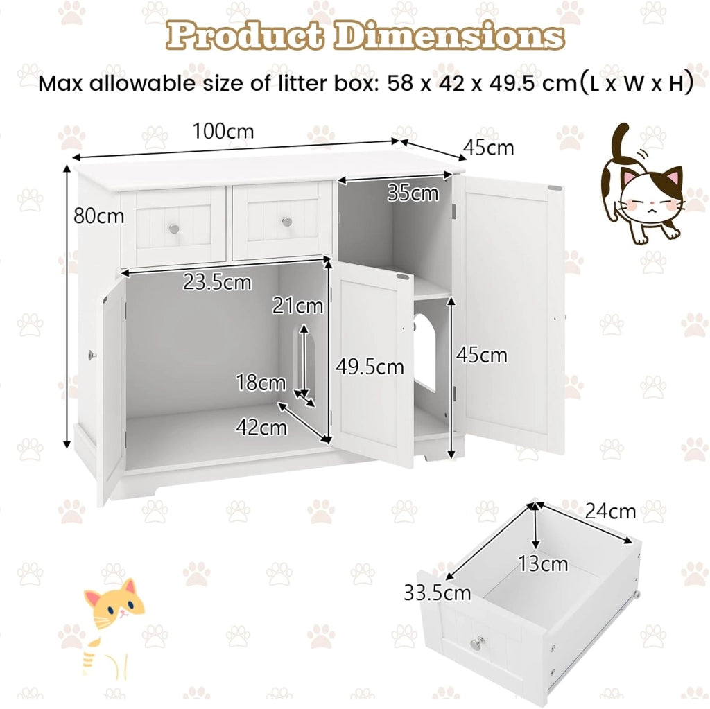 Maison de Toilette Chat, Mobile per Lettiera per Gatti con 2 Cassetti, 3 Ante e Ingresso Laterale e Dispositivo Anti-Rovesciamento, per Interni, 100 X 45 X 80 CM, Bianco