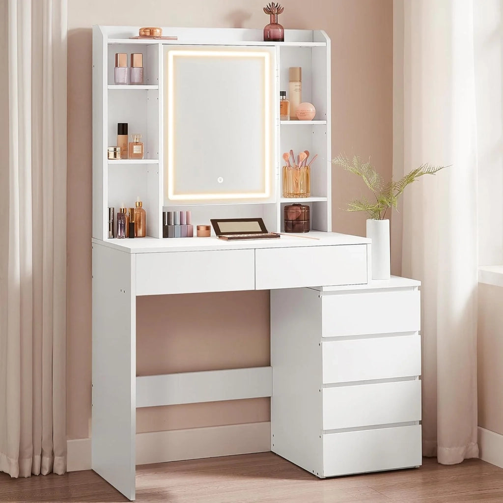 Toeletta con grande specchio LED luminosità regolabile tavolo da trucco con specchio scomparti 40 x 117,5 x 145 cm ripiani regolabili moderno bianco nuvola 12_0005174