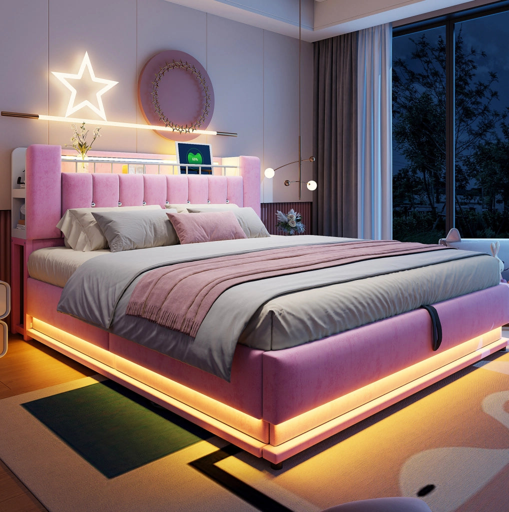Letto imbottito 180x200 cm con LED; USB e contenitore idraulico in velluto rosa