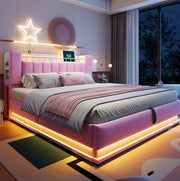 Letto imbottito 180x200 cm con LED; USB e contenitore idraulico in velluto rosa