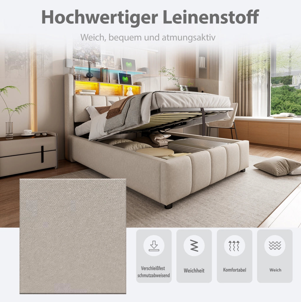 Letto imbottito 90x200 cm in lino beige con luce LED, porta USB e contenitore idraulico