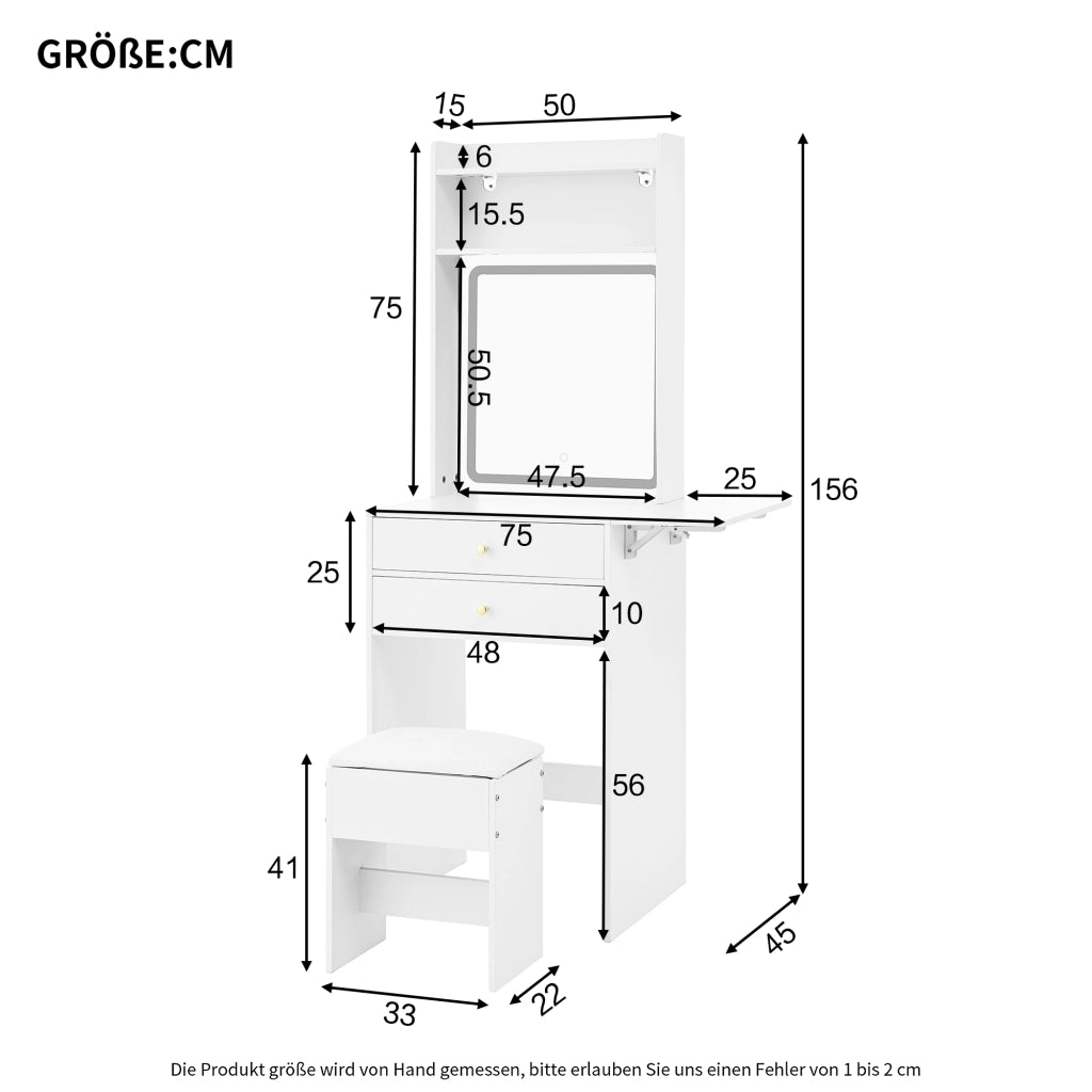 Tavolo da trucco pieghevole con illuminazione LED a 3 tonalit¨¤, 2 cassetti, 2 vani aperti, specchio e sgabello, bianco