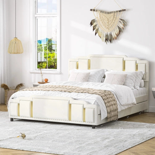 Letto matrimoniale imbottito in velluto beige 140x200 con cassetti e finiture dorate