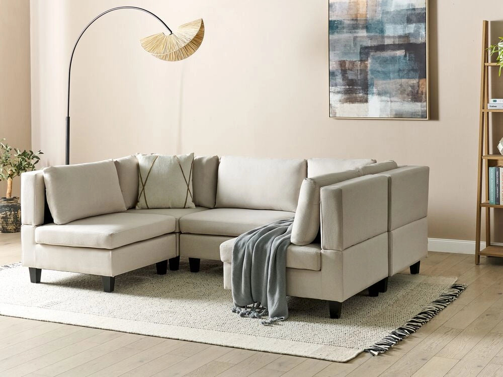 Divano moderno modulare a 5 posti imbottito in tessuto poliestere con schienale imbottito a forma di U Beige chiaro soggiorno