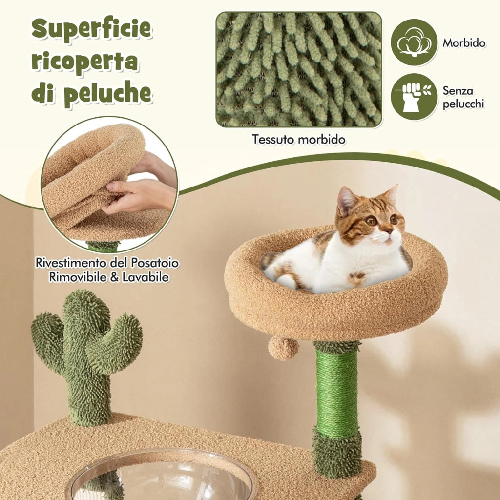 Tiragraffi per Gatti 150 cm, Torre di Gatti Multilivello con Pali per Graffio in Sisal e Giocattolo Pendente, Centro Attività per Gatti a Forma di Cactus da Interno
