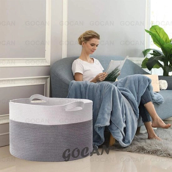 Mandone per l'organizzazione di 55 x 35 cm (h x d) Grande cesta per coperte, cesta per la biancheria, tessuti, corda, tessuto intrecciato. Cesta per giocattoli in salotto (Ltgrijs/Beige) XXXL