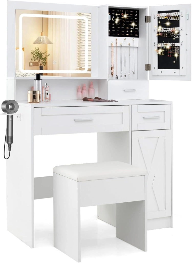 Set da toeletta con specchio illuminato regolabile in 3 modalità, tavolo da trucco con stazione di ricarica e armadio di gioielli, toeletta da trucco con sgabello imbottito, bianco