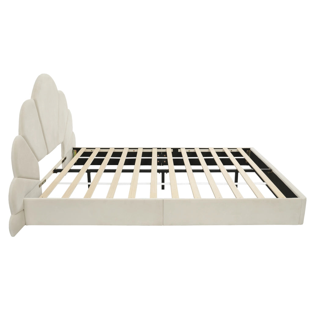 Letto Matrimoniale 140 x 200 cm; Testiera a Fiore; Imbottito in Velluto - Beige
