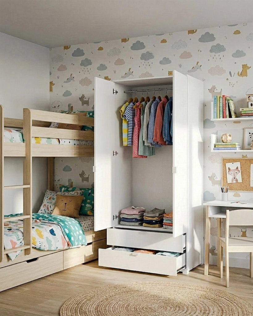 Armadio Zamia - Guardaroba moderno - 2 ante e 2 cassetti - Struttura bianca - 1 ripiano incluso - 80 x 52 x 177 cm_
