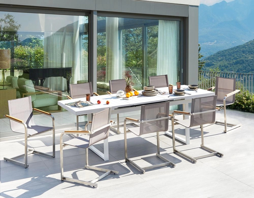 Set da pranzo da giardino a 8 posti Bianco e Beige Alluminio Acciaio Inox Mobili da Esterno Moderni