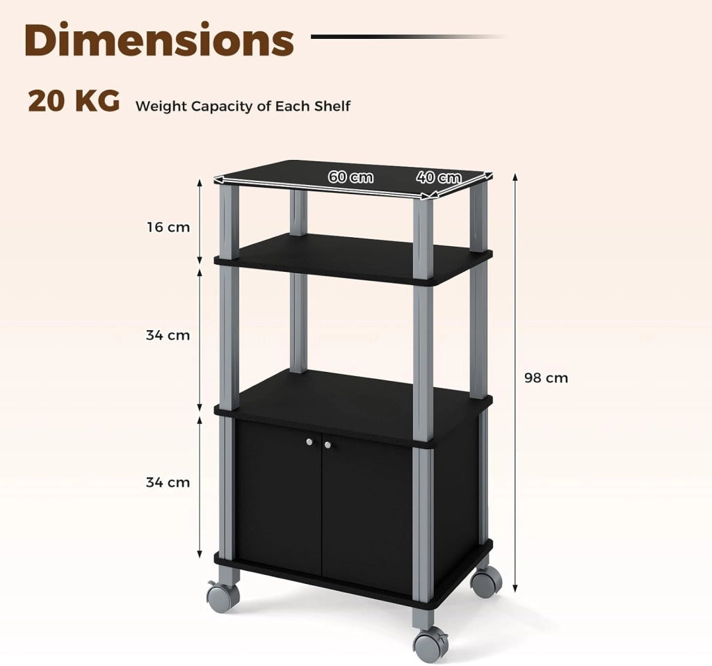 Carrello da Cucina a 3 Livelli per Microonde, Carrello Portaoggetti con Ruote e Armadio con Porta, Carrello di Servizio in Legno, Organizer per Sala da Pranzo, 60 x 40 x 98 cm (Nero)