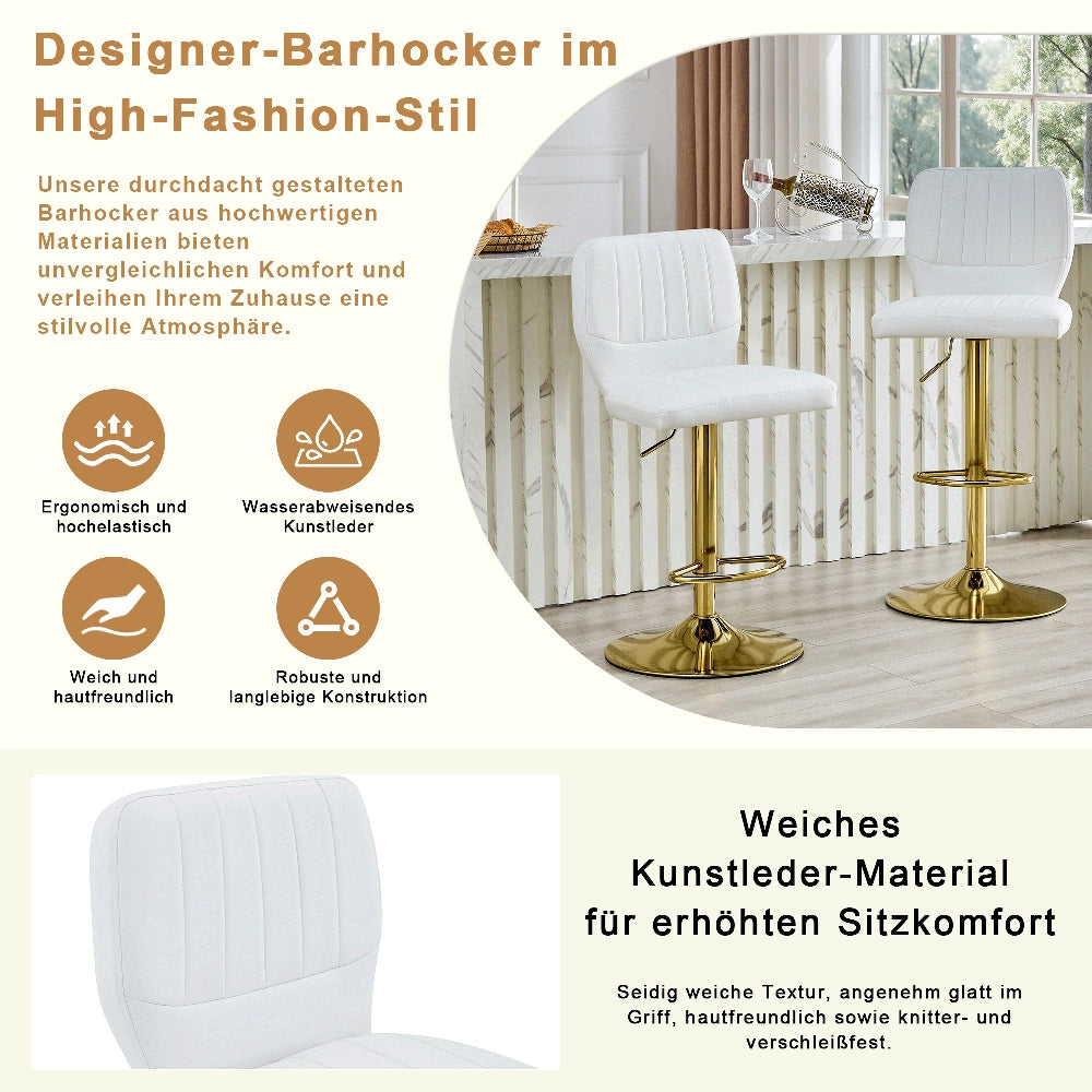 Sgabello da Bar Regolabile ¨C MINIMAL ¨C Similpelle Bianco Oro, Schienale, Girevole 360¡ã