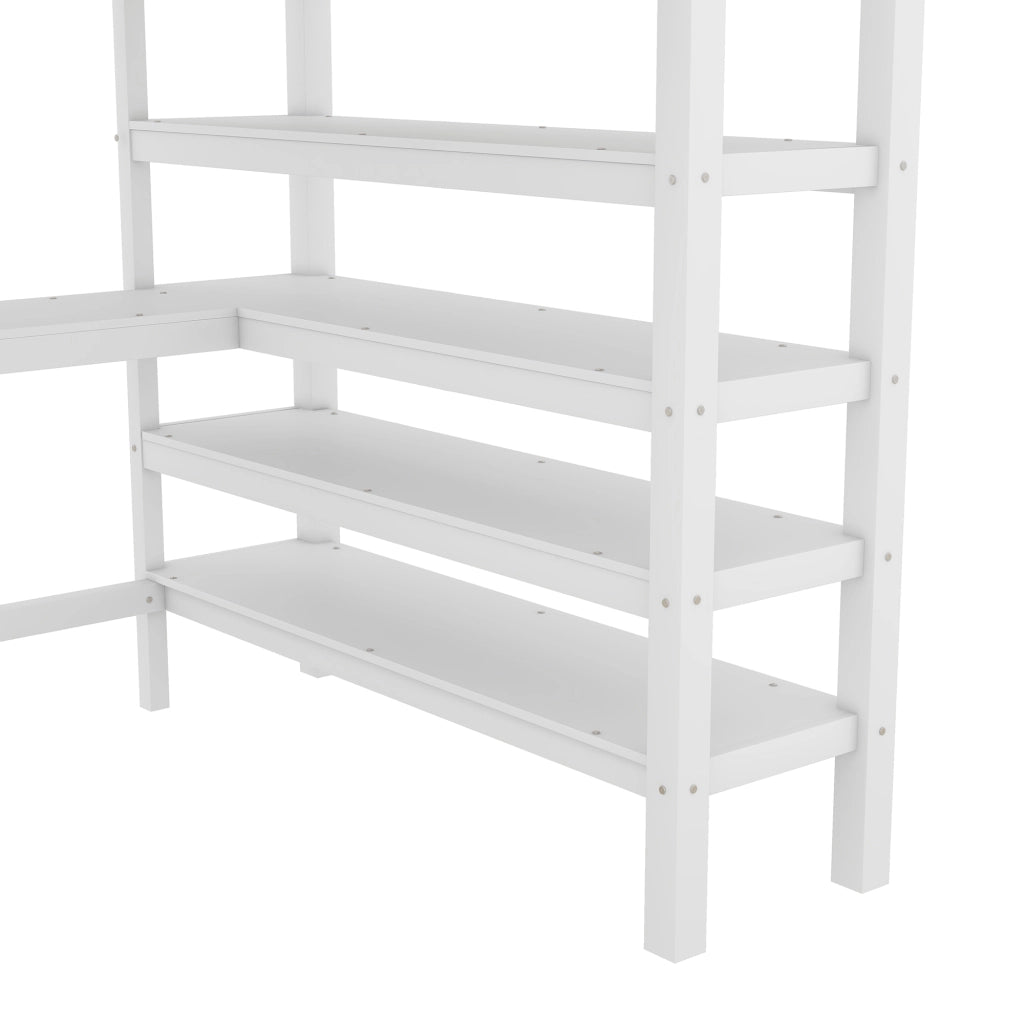 Letto a Soppalco per Bambini 140×200 cm; 2 Posti con Scrivania e Scaffali; senza Materasso; Bianco