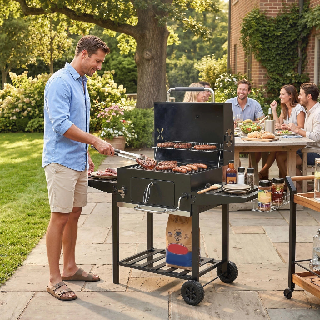Barbecue a Carbone con Griglia Regolabile e Ripiani Pieghevoli ¨C zephmum ¨C Nero, Acciaio e PP, 133.5x65x110 cm